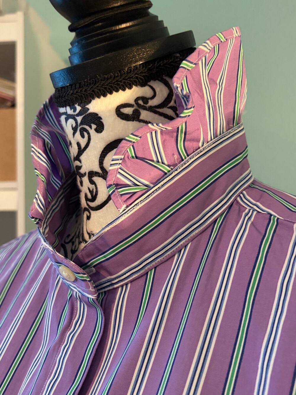 Polo Ralph Lauren XL Purple Stripe Ruffle Collar Upcycled Button Down Shirt